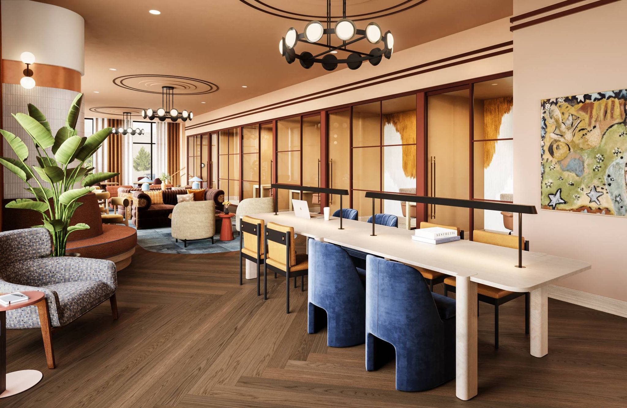 Ever College Station student living apartments Modern co-working space with stylish lounge chairs, long table, large windows, and abstract wall art.