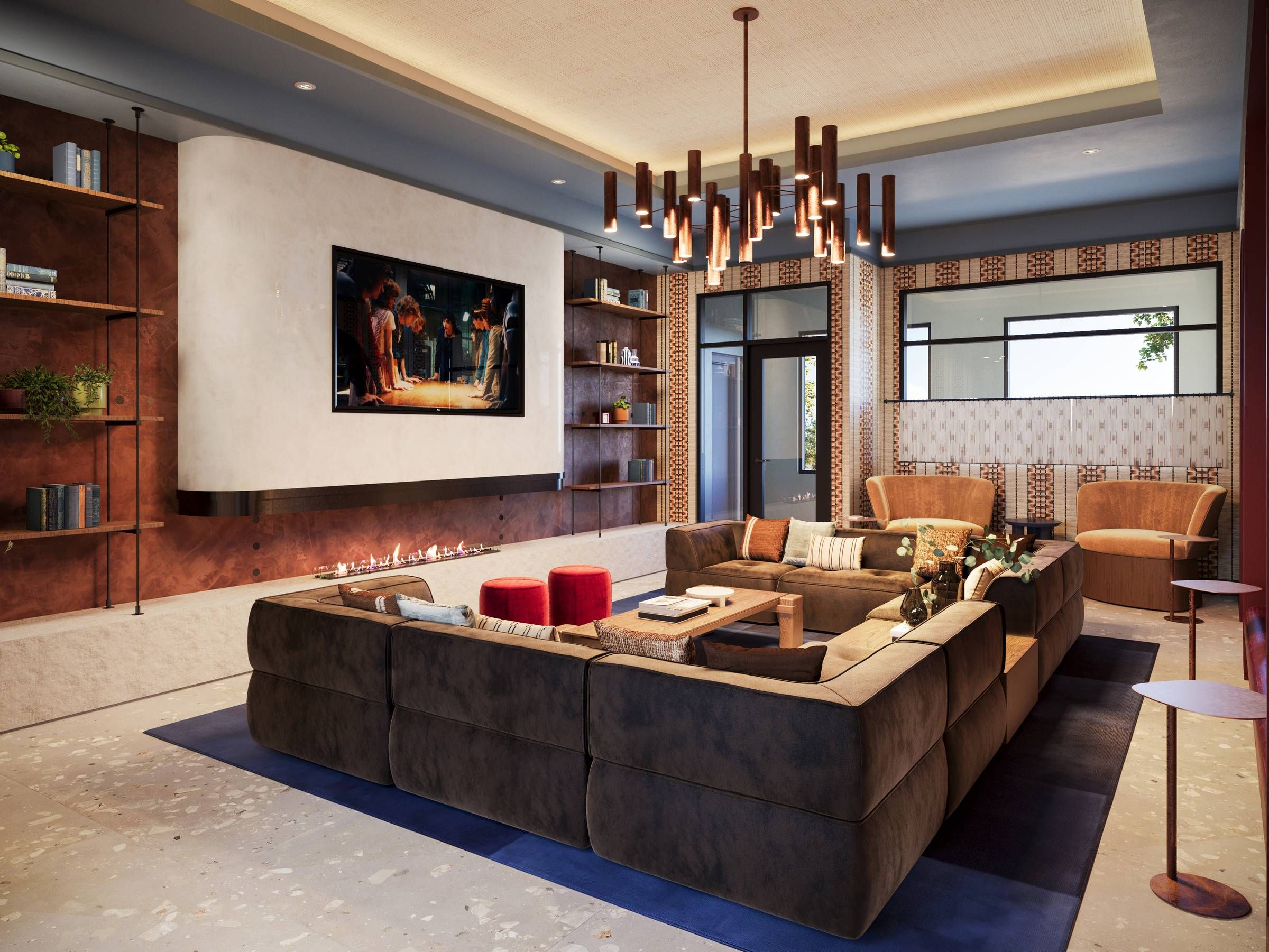 Ever College Station student living apartments Modern living room with a large sectional sofa, wall-mounted TV, shelves, fireplace, and stylish lighting.