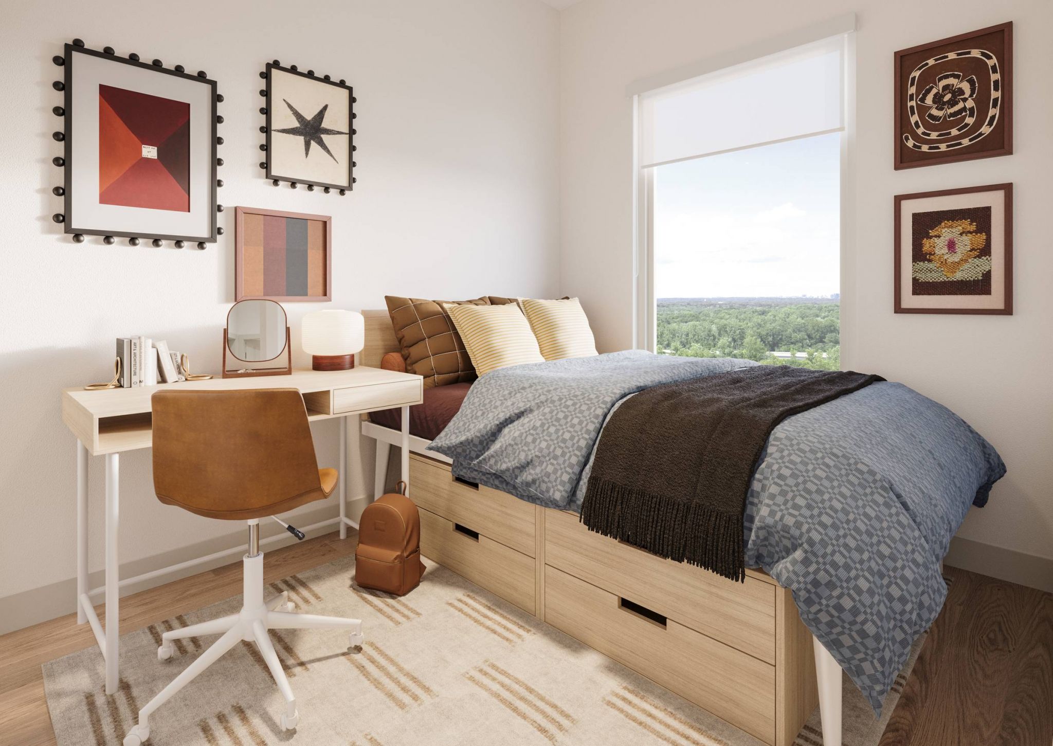 Ever College Station student living apartments Modern bedroom with a desk, chair, wall art, single bed with storage, and a window with a scenic view.