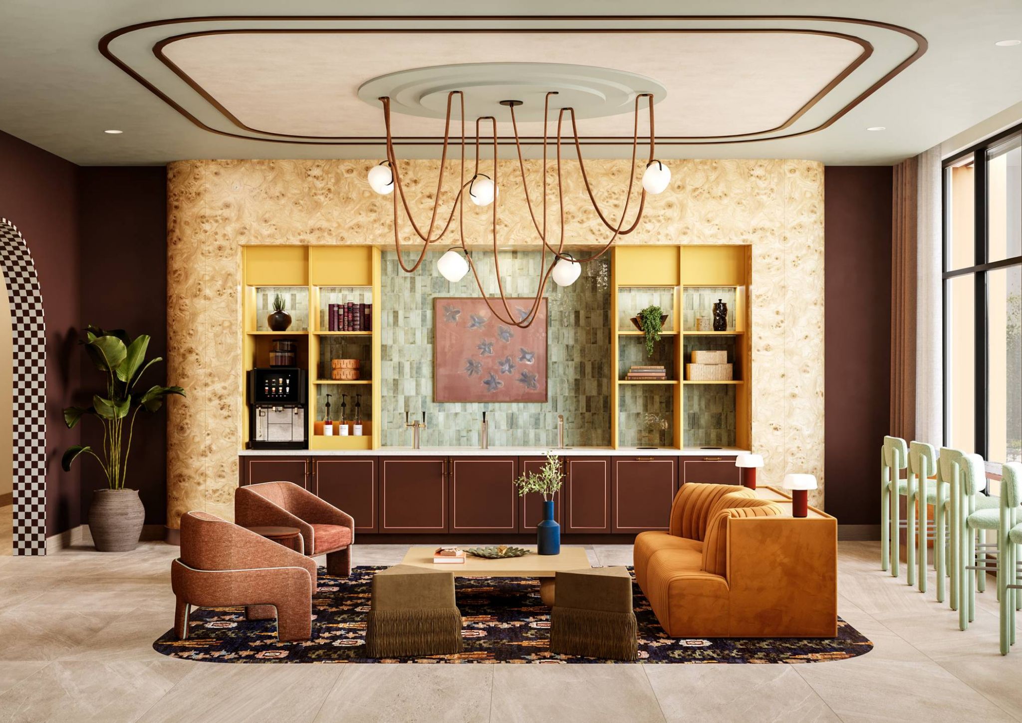 Ever College Station student living apartments Modern co-working space with stylish lounge chairs, long table, large windows, and abstract wall art.