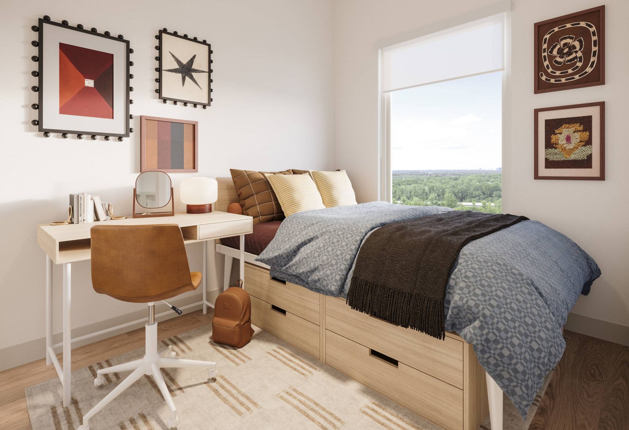 Ever College Station student living apartments Modern bedroom with a bed, desk, chair, wall art, and window overlooking a green landscape.