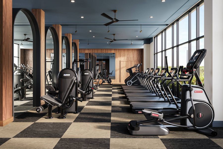 Ever College Station student living apartments Modern gym with treadmills, elliptical machines, weight machines, mirrors, and large windows letting in natural light.