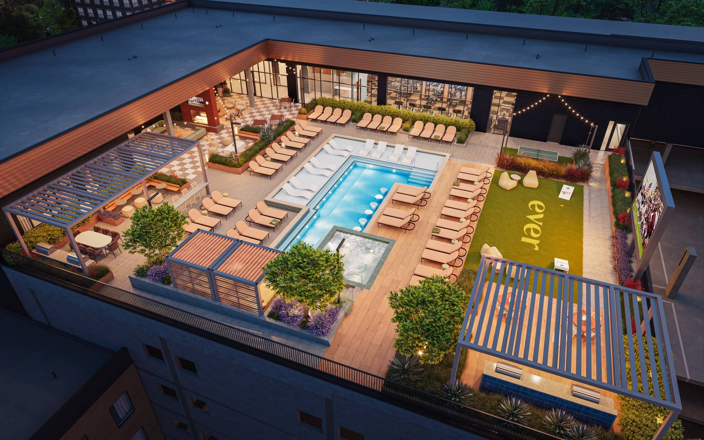 Ever College Station student living apartments Aerial view of a modern rooftop with a pool, lounge chairs, greenery, cabanas, and a lawn area.