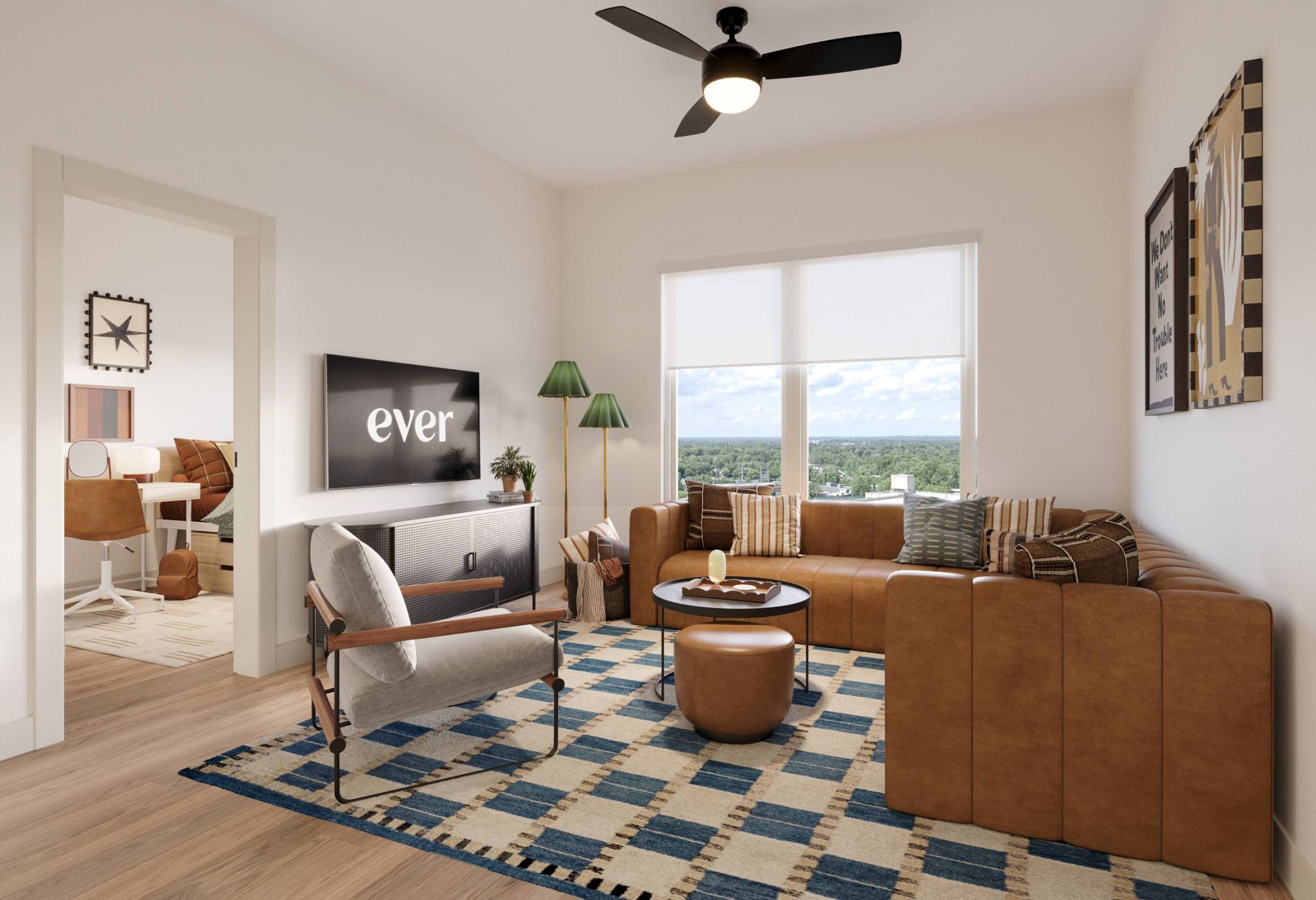 Ever College Station student living apartments Modern living room with brown leather sofa, patterned rug, large window, and view of a home office.